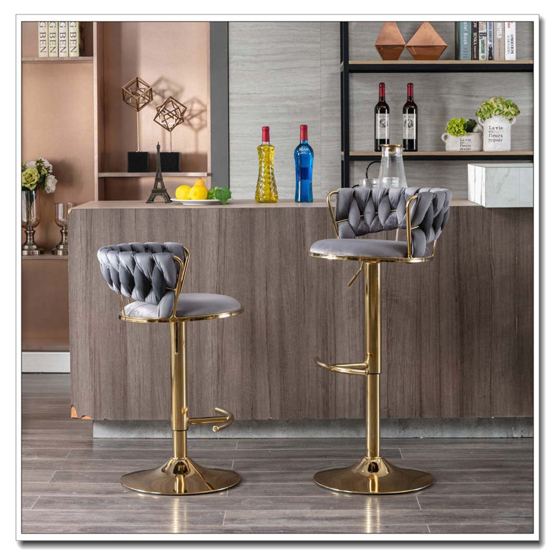 Tabourets de bar, avec velours de levage mécanique réglable en hauteur, Gris