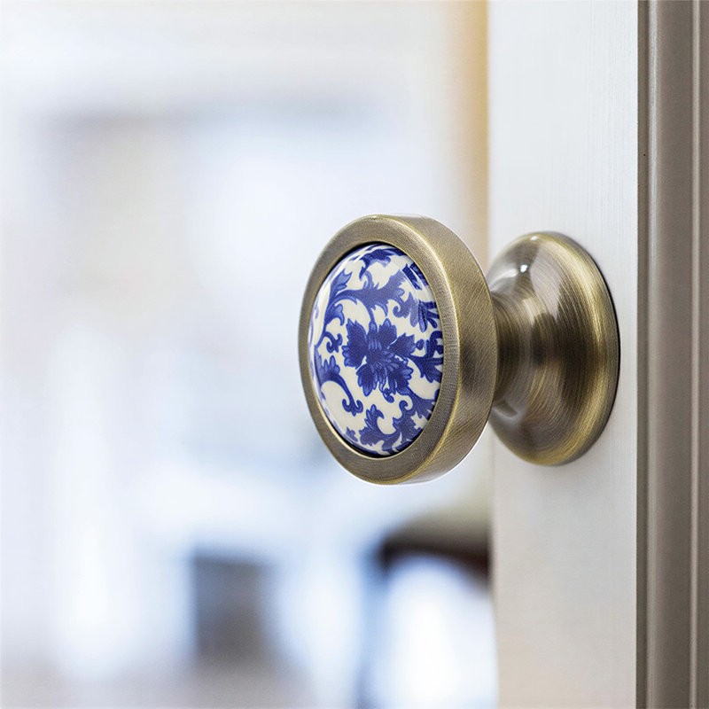 Poignées d'armoire et de tiroir, poignées en céramique de porcelaine, boutons ronds, bleu et blanc, ensemble de 6