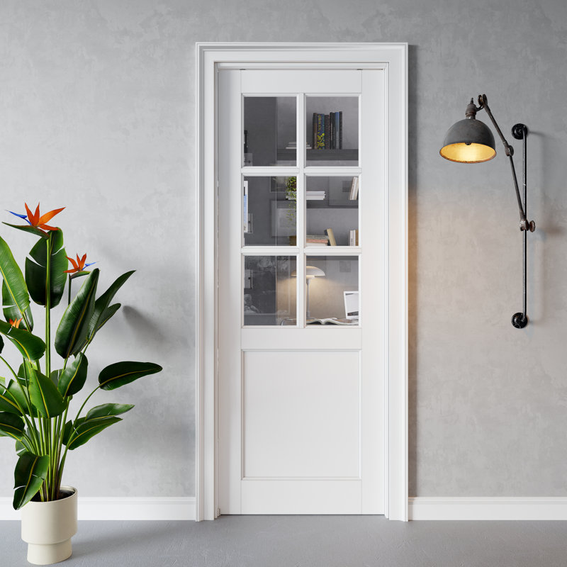 Porte intérieure coulissante à 6 carreaux en verre clair, en MDF CARB P2 et verre trempé SGCC, avec cadre renforcé et quincaillerie incluse, pour chambre à coucher, préfinie et imperméable, idéale pour garde-manger, chambre, salle de bain et garde-robe, teinture facile à appliquer soi-même, 91,4 cm x 203,2 cm