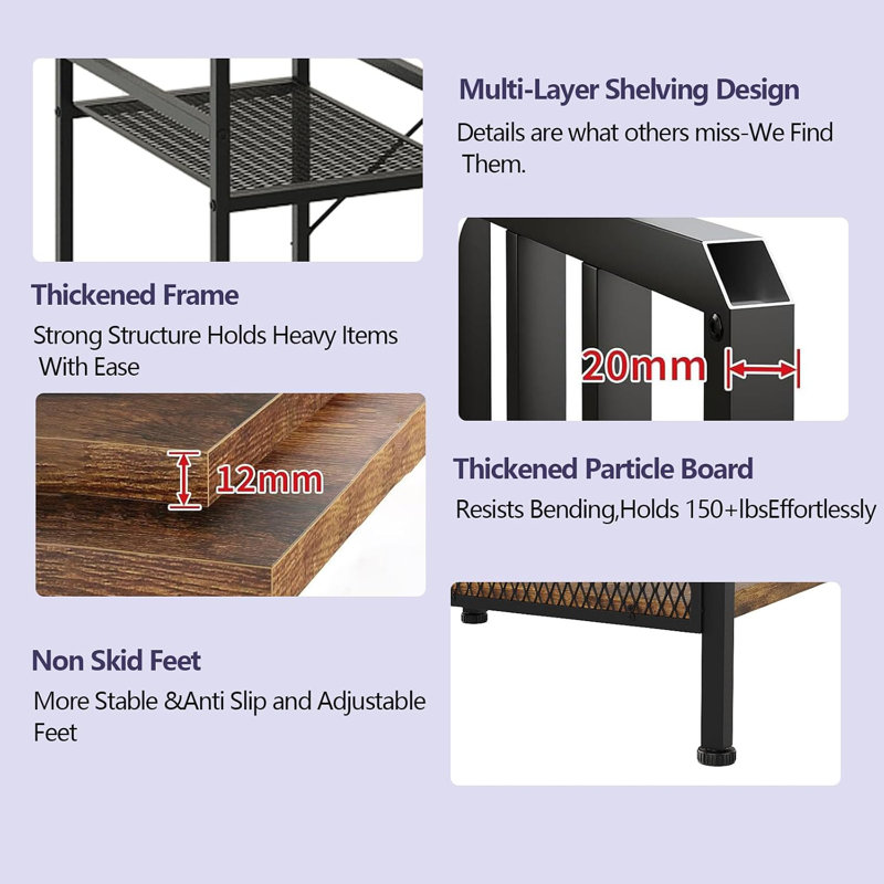 Armoire de bar autoportante à 4 niveaux, support à vin en fer et bois avec garde-corps de protection, tablette de grande capacité pour les bouteilles et les boissons, organisateur de bar pour la maison, brun