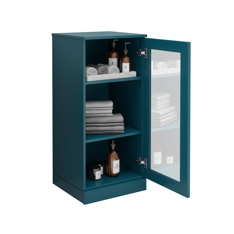 Armoire de salle de bain 100% bois massif 16,5 po avec porte en verre transparent et tablettes réglables, Bleu sarcelle