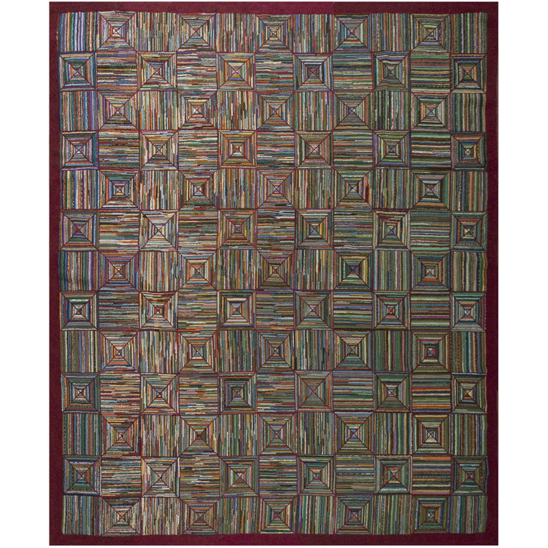 Colorful Geometric Log Cabin Squares Antique American Hooked Rug