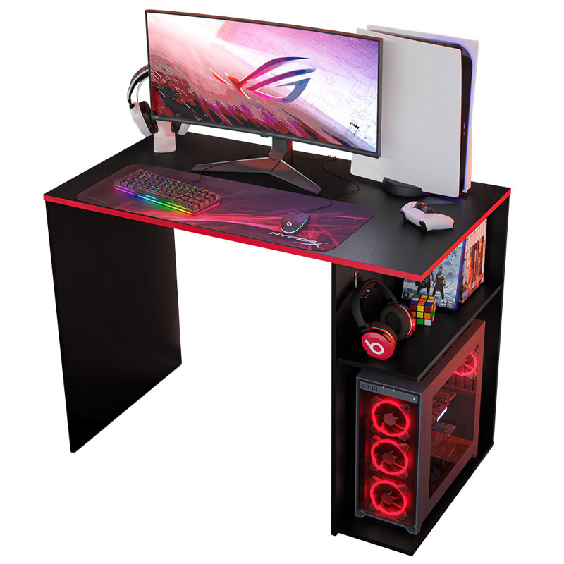 Bureau d'ordinateur de jeu compact avec 2 tablettes, gestion des câbles et grand support pour écran, Noir / rouge