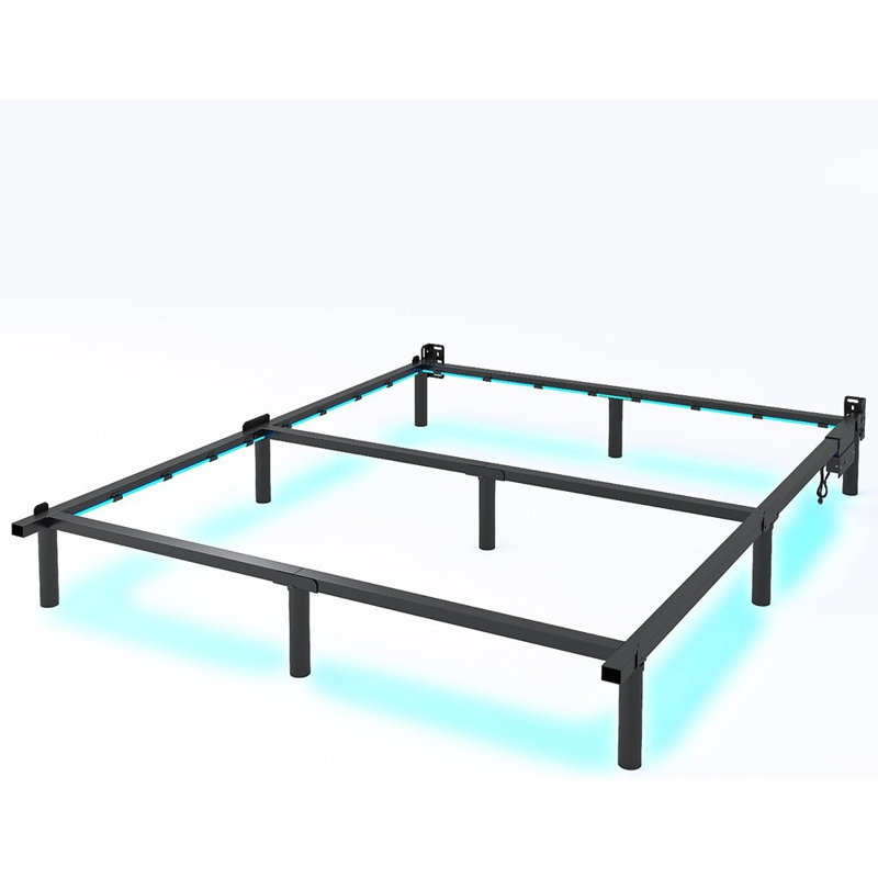 Queen Bed Frame For Box Spring, 7 Inch Metal Bed Frame With LED Lights, 9-Legs Support Bed Base, Tool-Free Easy Assembly