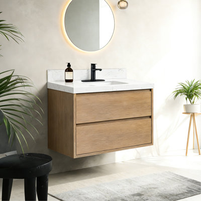 Meuble-lavabo mural de 36 pouces flottant avec lavabo en pierre d'ingénierie en chêne naturel, sens de la mode, glissières silencieuses, évier en chêne assemblé, esthétique épurée, système,