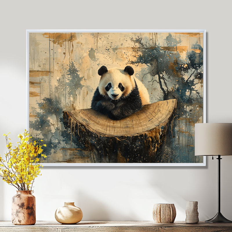 «Panda Portrait In Bamboo Forest II», art mural sur toile Panda, H 30 po x l 40 po, Reproduction avec cadre flottant, Blanc