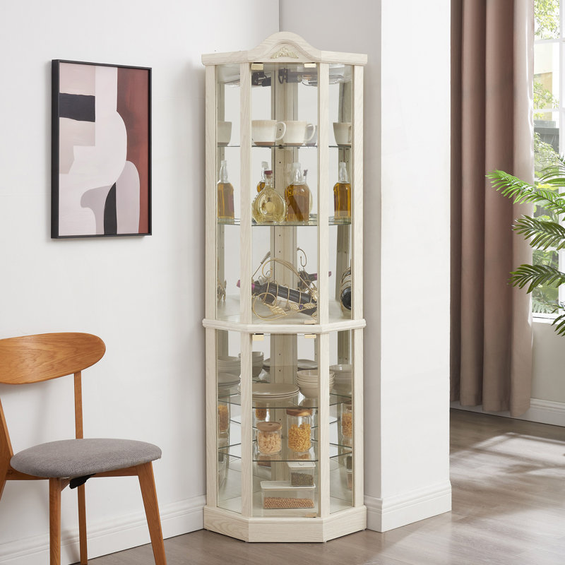 Vitrine en verre, vitrine d'angle éclairée, vitrine de coin, présentoir en verre avec lumière, Blanc
