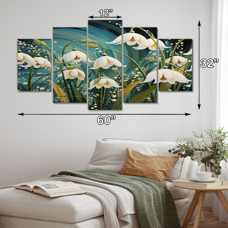 «White Snowdrop Symphony I», reproduction d'art sur toile florale, 5 panneaux