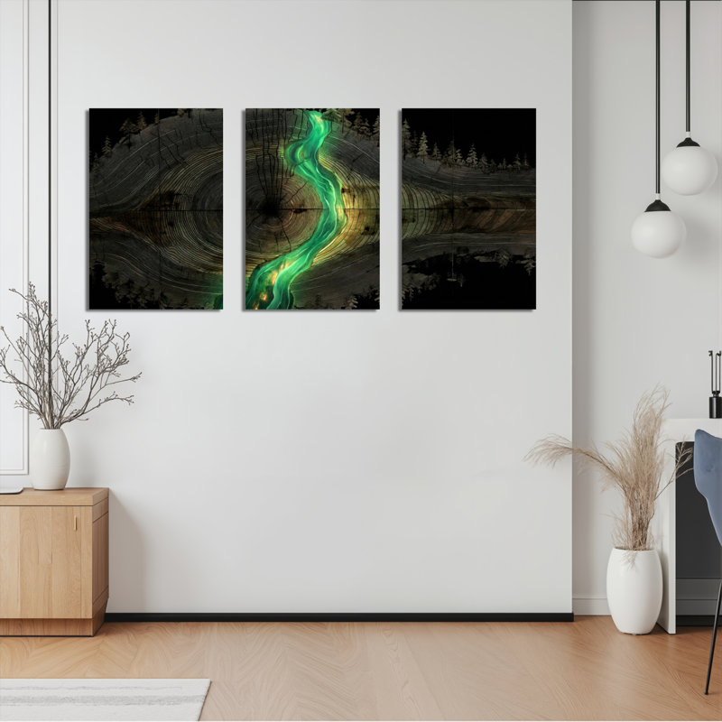 Abstrait arbre de forêt avec anneaux de rivière verte brillante, reproduction d'art sur toile tendue sur toile, ensemble de 3