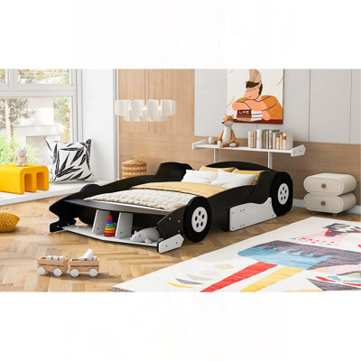 Lit plateforme double en forme de voiture de course avec roues, noir