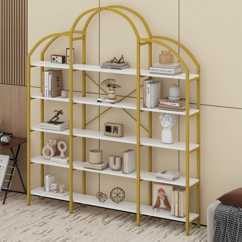 74.8 Inch 5 Tiers Office Bookcase Bookshelf, Display Shelf With Round Top, X Bar