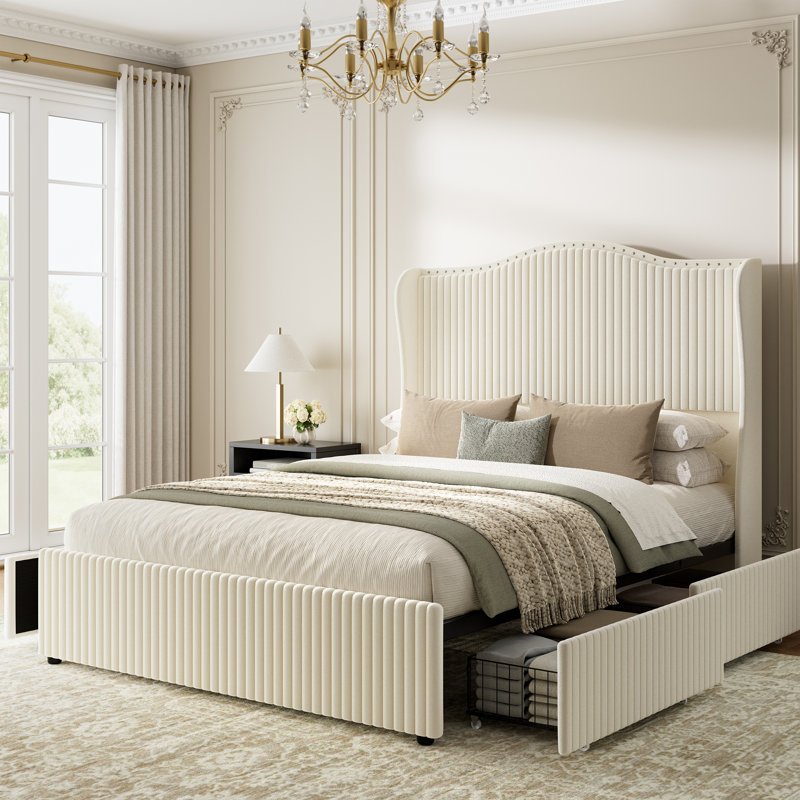 Upholstered Wingback Bed with 4 Storage Drawers & 54" Tall Headboard, No Spring Box Needed, Easy Assembly, Beige, Full