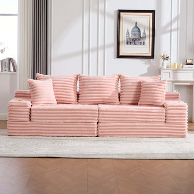 Oversized 4-Seat Boneless Corduroy Sofa Bed, Cloud Couch With Cup Holder, Side Pockets, 3 Pillows & 2 Lumbar Pillows, Breathable Material, No Assembly For Living Room & Bedroom