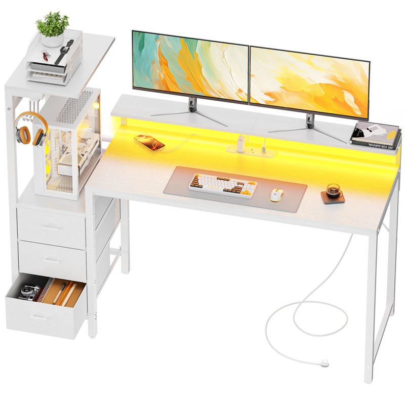 Steel Computer Desk with Built-In Electrical Outlet, 116cm. H x 152cm. W x 50cm. D, White