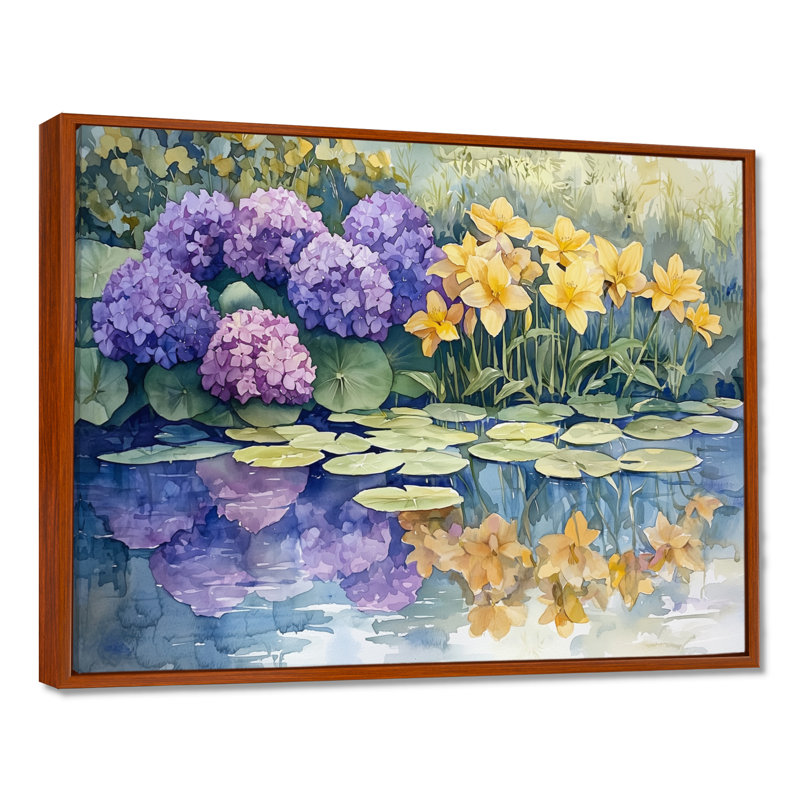 Imagen hortensias et lys au bord du lac III - hydrangées, décoration murale, H 30 po x l 40 po, Impression encadrée flottante