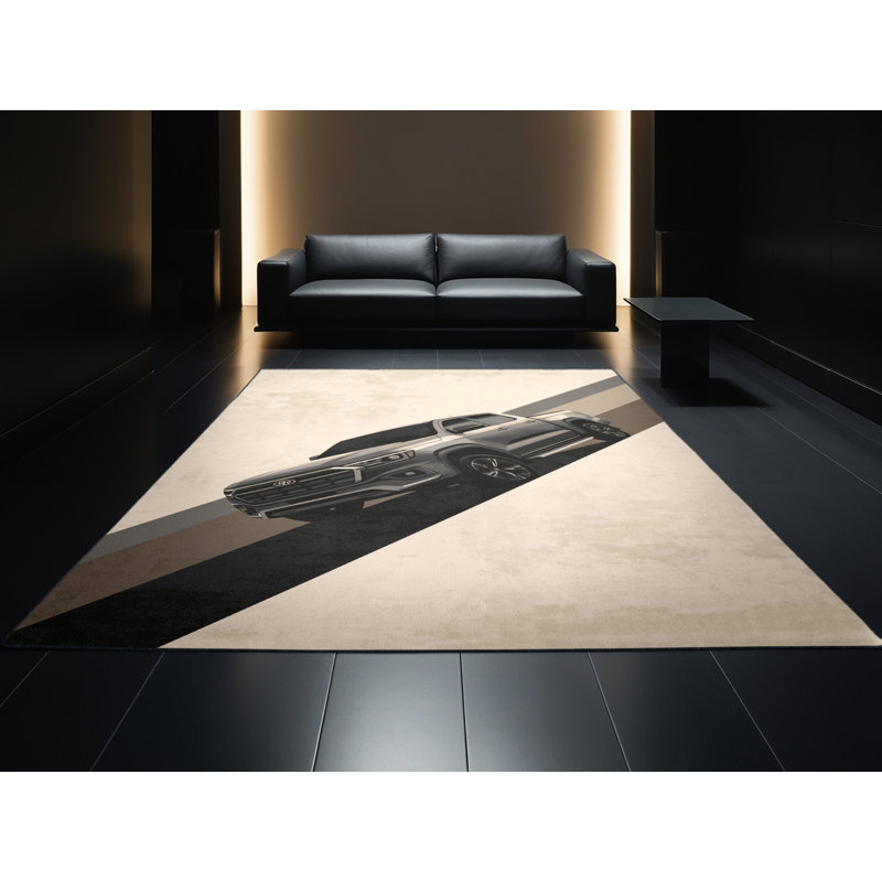 Machine Washable Eldred Modern Pickup Truck Modern Rug in Beige – Black Binding, 7x10