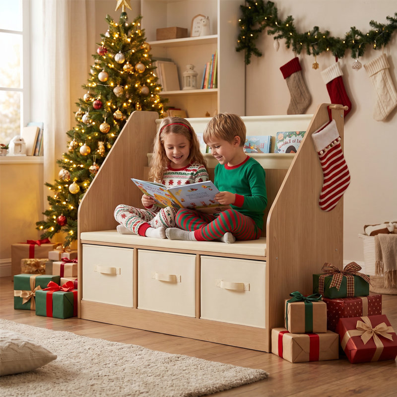 Bibliothèque et rangement pour livres avec banc à 3 tiroirs, bibliothèque à 3 niveaux et crochets à sacs - Coin de lecture parfait et cadeau de Noël