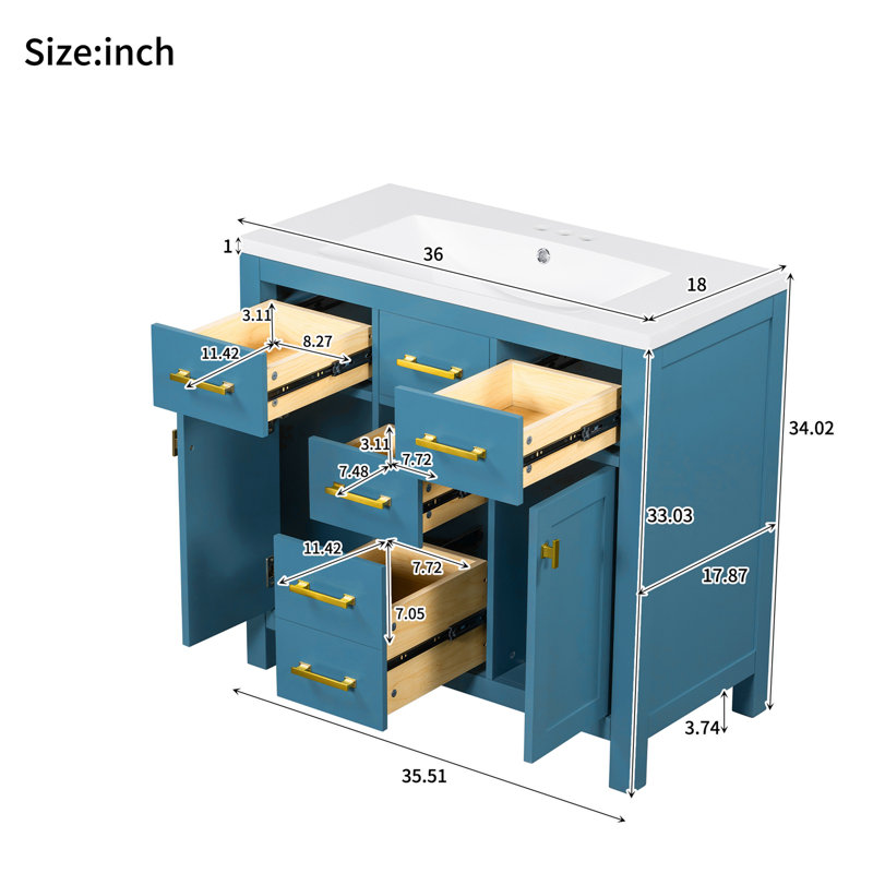 Ensemble de meuble-lavabo Bathroon avec lavabo en résine, 2 armoires, Bleu