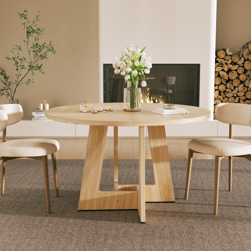 47'' Round Base Wood Farmhouse Dining Table for 4-6 People - Rustic Kitchen & Dining Room Table with Cross Legs, Natural