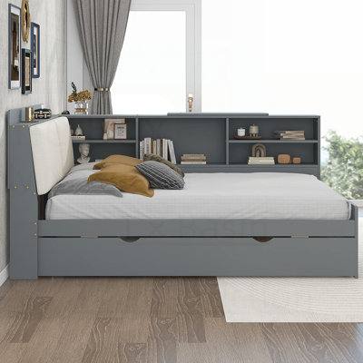 Sturdy Pine Wood Platform Bed with Built-in Storage, Upholstered Headboard, and Rotatable Media Shelf, Ideal for Space-Saving and Comfort