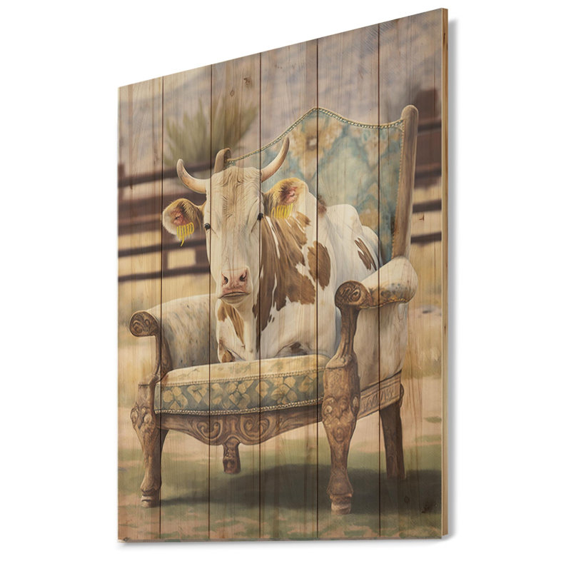 Vache Icadarco assise sur une chaise longue I - impression sur bois sans cadre, H 32 po x l 16 po x P 1 po