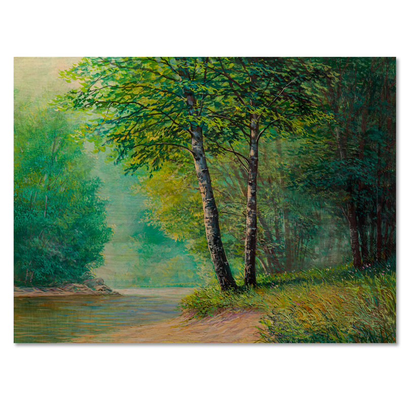 «River Through The Birch Tree Forest IV», reproduction sur toile flottante, H 8 po x l 12 po x P 1 po, Cadre flottant doré
