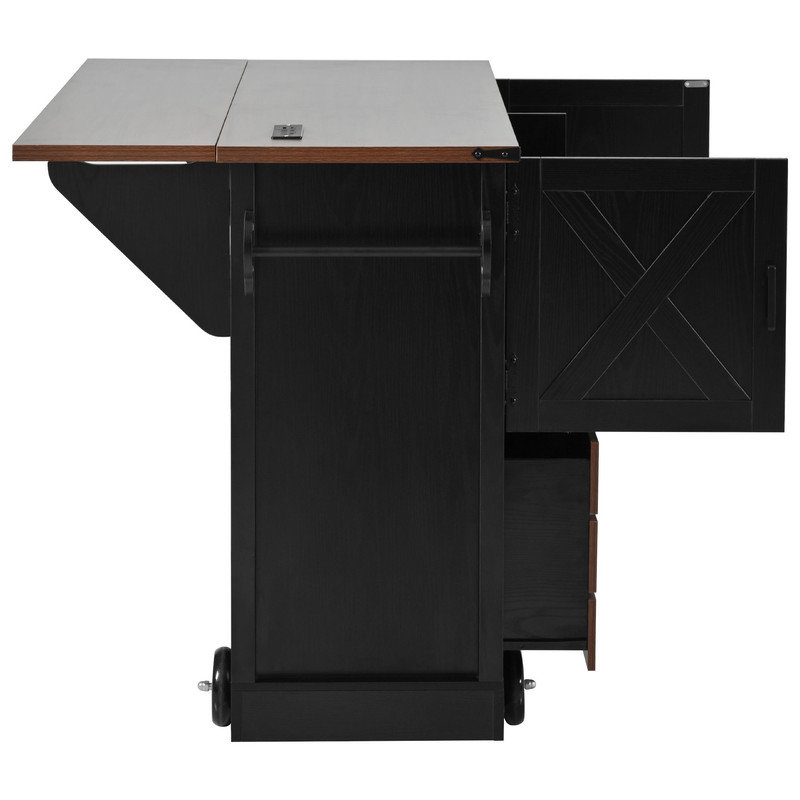54" Farmhouse Kitchen Island with Drop Leaf, Power Outlet, Kitchen Storage Cart with 2 Doors, 2 Drawers, Rolling Kitchen Island on 4 Large Wheels with Spice Rack for Kitchen, Dining Room, Black