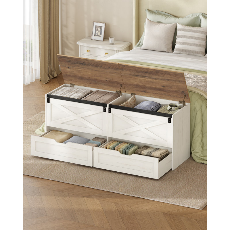 Coffret de rangement de 150 cm, coffre de rangement avec portes coulissantes de style grange et 2 tiroirs | Coffret de rangement compact style ferme, banc de rangement pour salon, chambre, entrée, blanc rustique