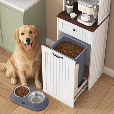 71” Tall Double 13 Gallon Pull Out Trash Can Cabinet With Power Outlet, Farmhouse Wooden Garbage Holder With Storage Hutch & Drawers, Dual Hidden Waste Bin Station For Kitchen Laundry Room
