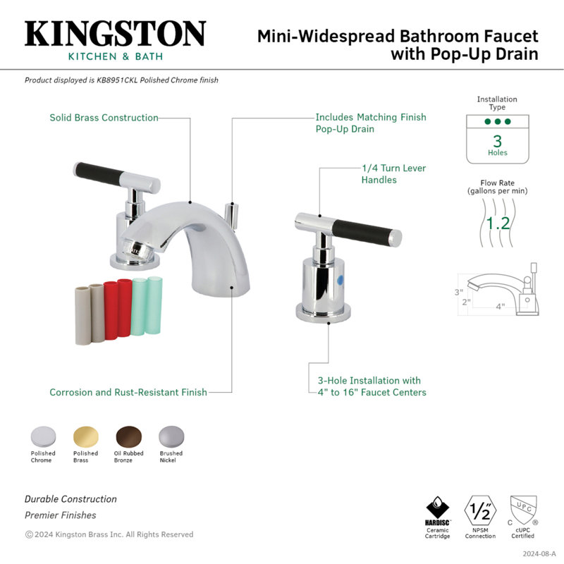 Kingston Brass Kaiser Two-Handle 3-Hole Deck Mount Mini-Widespread Bathroom Faucet with Pop-Up Drain, Polished Brass