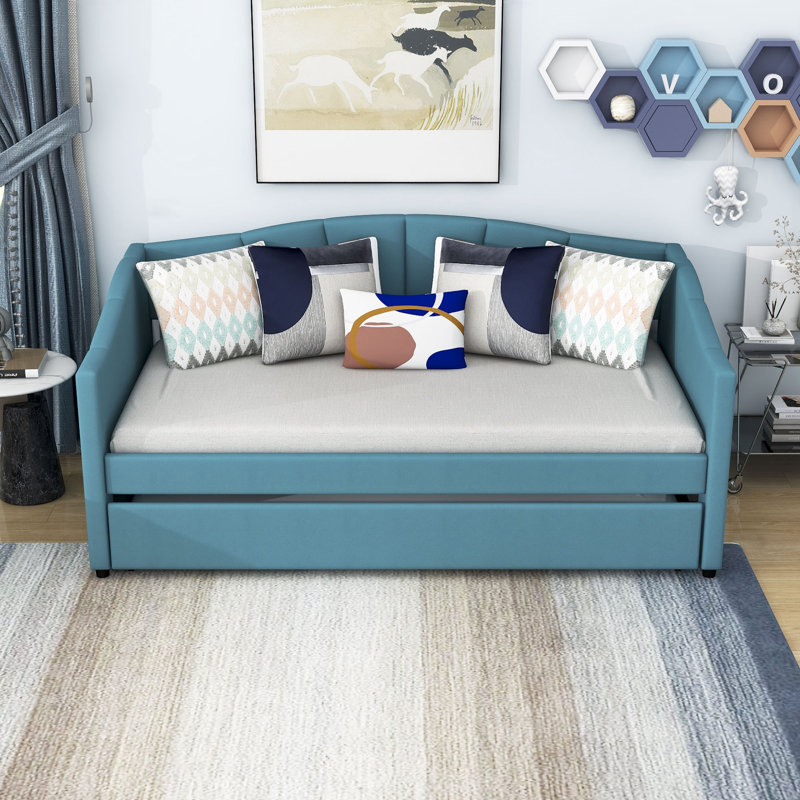 Mansueta Twin Size Upholstered Daybed with Trundle, Blue