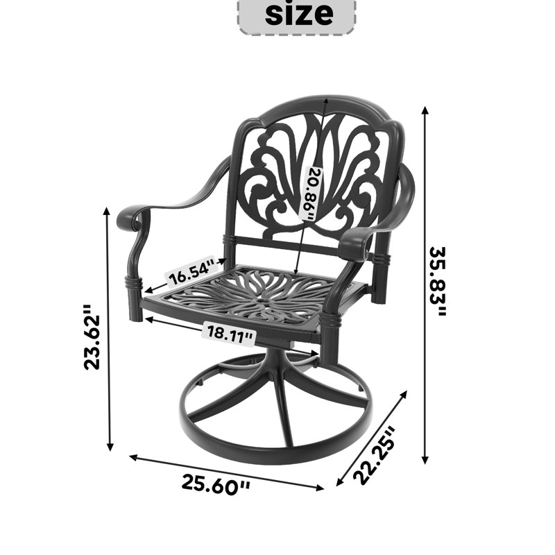 Chaises de patio pivotantes en fonte d'aluminium 2 pièces avec structure et coussins noirs. Fabrication, idéale pour la détente en plein air. Matériaux d'assemblage simples, utilisation. À assembler