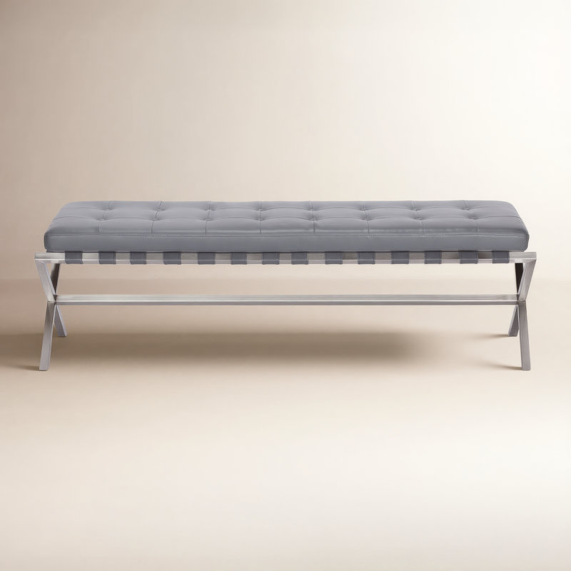 Canton 56" Vegan Leather Bench, Gray/Brushed Stainless Steel Base