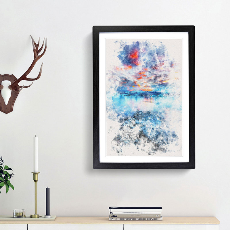 Iceland View Watercolour - Picture Frame Graphic Art, 87cm H x 62cm W x 2cm D, Black Framed