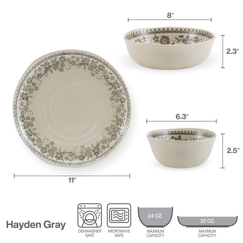 Hayden Grey Floral Ceramic 12-Piece Dinnerware Set
