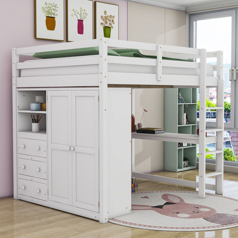 Lit mezzanine en bois 3 tiroirs Jeilynn avec garde-robe et bureau intégrés, Blanc