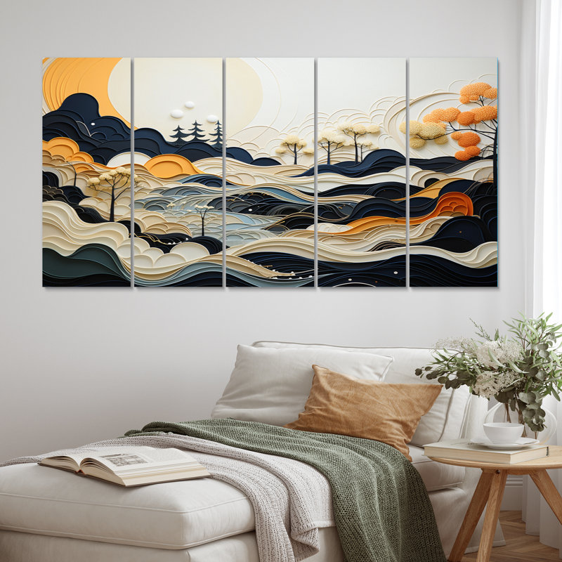 «Gray Orange Line Art Landscape», reproduction de toile tendue 5 pièces