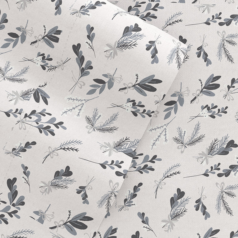 Ensemble de draps 100% coton, Ensemble de draps pour taille de lit très grand c, Botanique gris clair