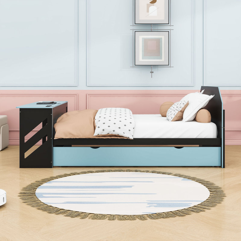 Full Size Daybed with Twin Trundle and USB Desk, Cloud Blue