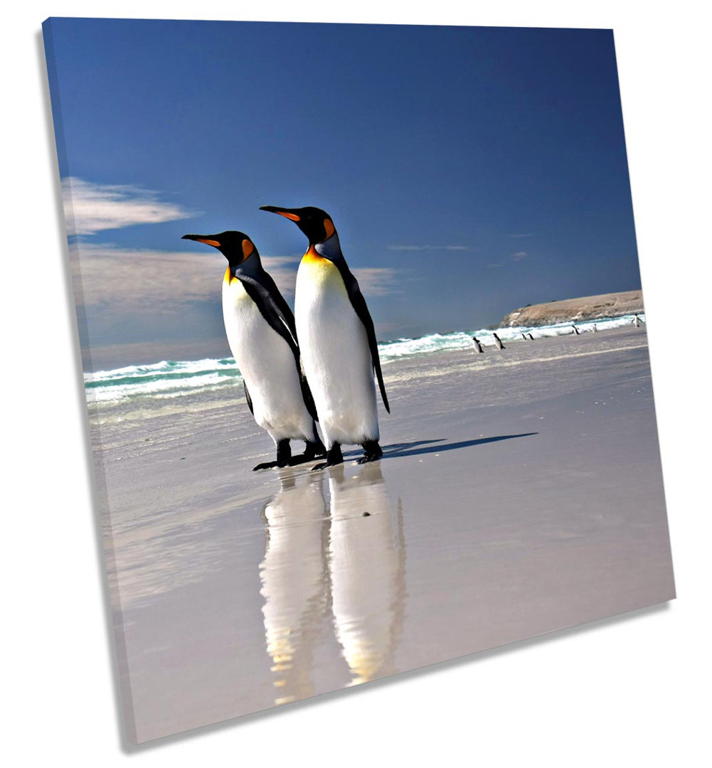 Penguins Beach Print CANVAS WALL ART Square Picture Multi-Coloured
