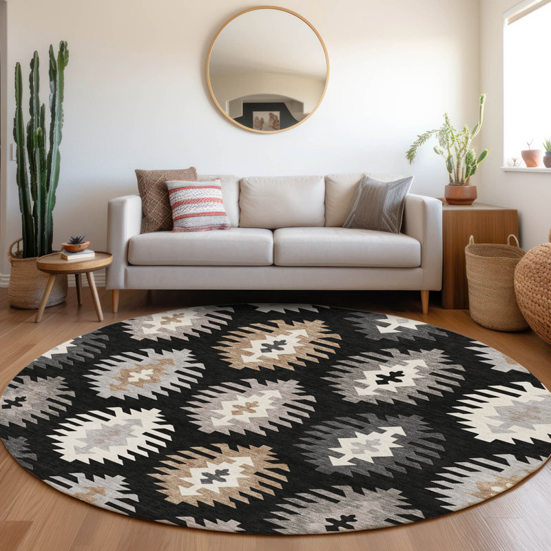 Premium Machine Washable Prisco Black Rug, Round 8'