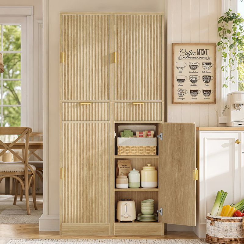 Armoire de rangement étroite cannelée de 66,9 pouces de hauteur avec 2 portes et 1 tiroir pleine extension et tablettes intérieures réglables, organisateur haut mince polyvalent pour la cuisine, le vestibule et le vestibule