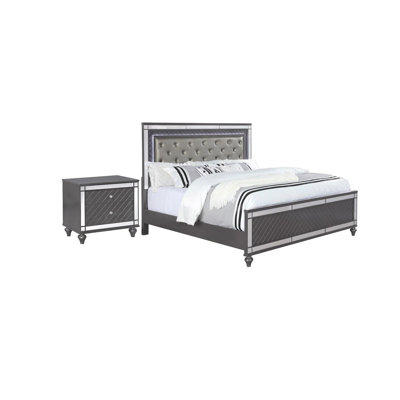 Ensemble de chambre pour très grand lit, gris, argent, bois transparent, ensemble 2 pièces avec table de chevet