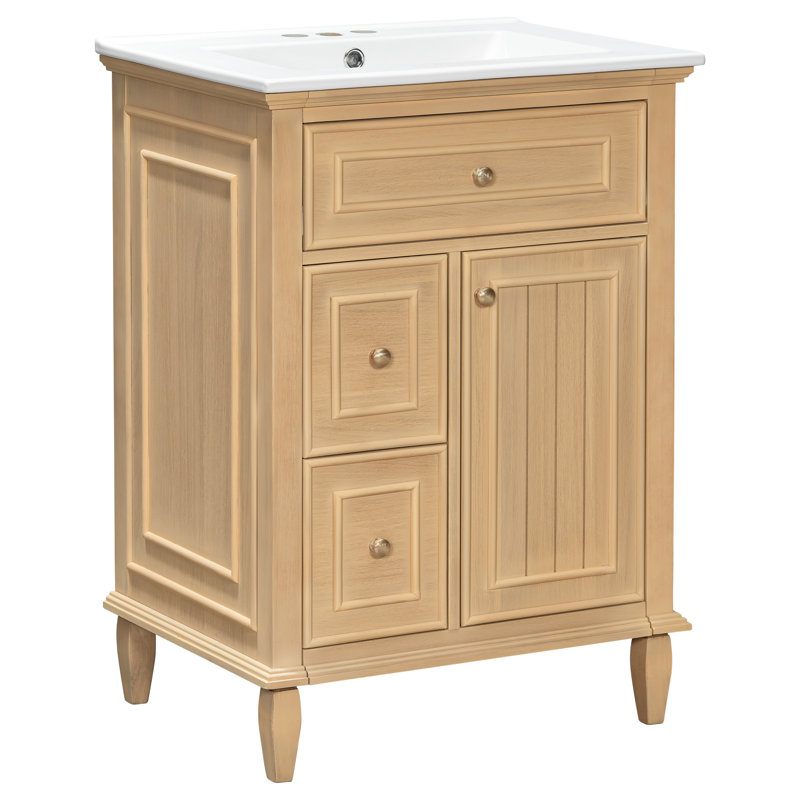 Meuble-lavabo de 24 po de largeur avec lavabo, 1 tiroir rabattable et 2 tiroirs, tablette réglable, naturel