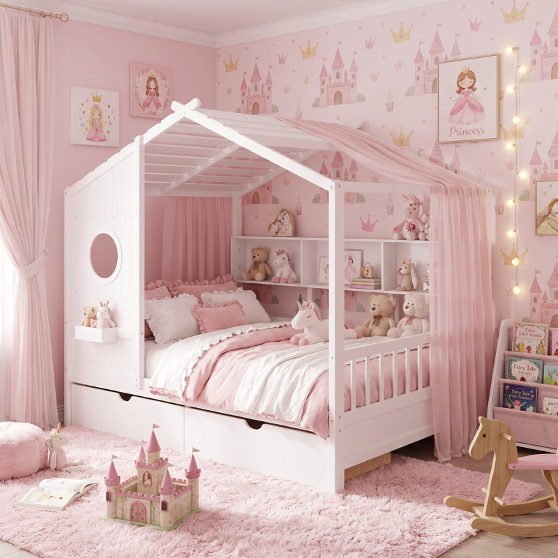 Lit plateforme double en bois massif pour enfants certifié PCC avec 2 tiroirs de rangement et tablette intégrée, Full