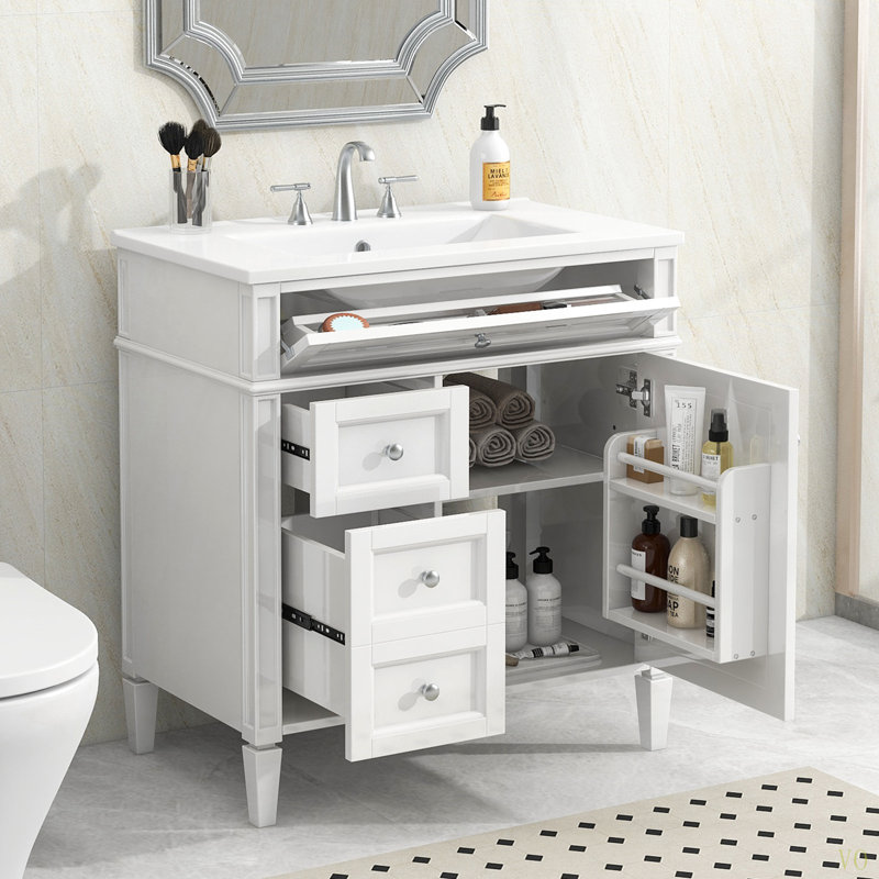 Meuble-lavabo de 30 po avec lavabo supérieur, meuble-lavabo moderne avec 2 tiroirs et tiroir escamotable, meuble-lavabo simple