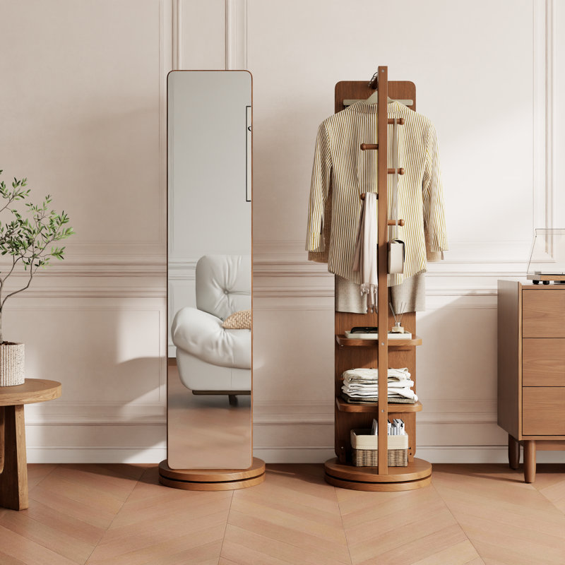 Solid Wood Full Length Mirror | Multifunctional Entryway Organizer with Rack & Hooks | Optional Rotating Base & Casters