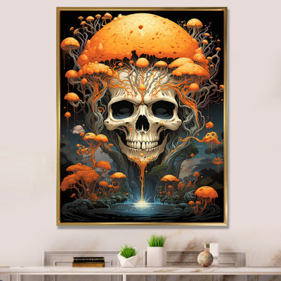 Tête de mort souriante, champignons orange, Halloween I - impression
