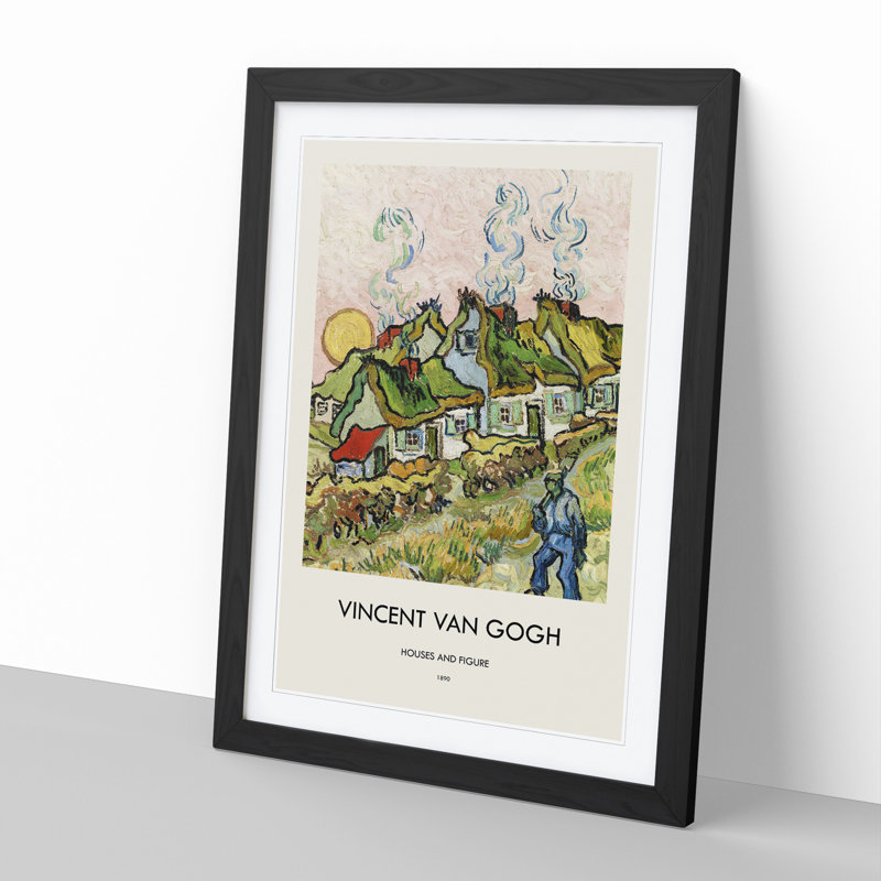 Houses and Figure by Vincent Van Gogh - Picture Frame Painting, 65cm H x 48cm W x 2cm D, Black Framed