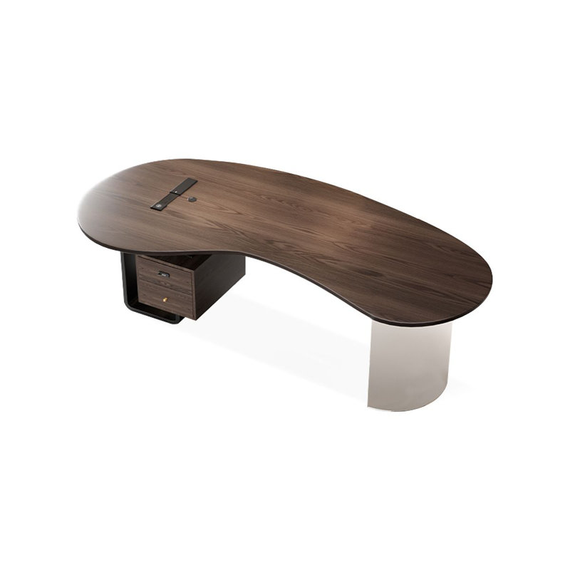 Bureau à 2 tiroirs brun noisette + bois massif courbé noir + acrylique + fer, H 29,53 po x l 62,99 po x P 30,31 po